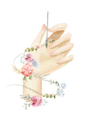 .Hand holding  a needle decorated with flowers - watercolor hand painted illustration. Perfect for logo design