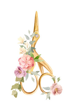 recommend clip art: Sewing scissors decorated with flowers - watercolor illustration, gentle color scheme.