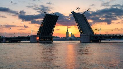 Open Palace drawbridge at sunrise, view of Peter and Paul Fortress in St Petersburg, Russia.