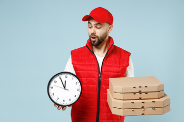 Delivery guy employee man in red cap white T-shirt vest uniform workwear work as dealer courier...