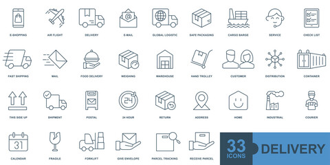 Obraz na płótnie Canvas Delivery, shipping, logistics minimal thin line, solid, glyph, color, filled web icon set. Outline icons collection. Simple vector illustration.