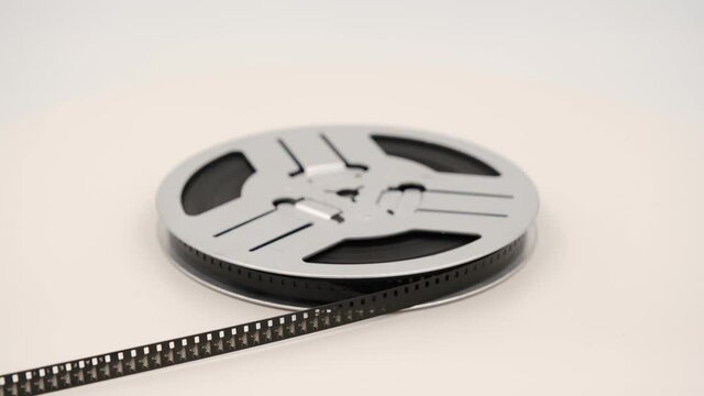 Close-up of a reel with a film rotating