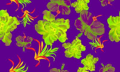 Fototapeta na wymiar Neon Hibiscus Leaf. Pink Flower Garden. Purple Seamless Background. Watercolor Textile. Pattern Background. Tropical Decor. Exotic Jungle. Art Illustration.