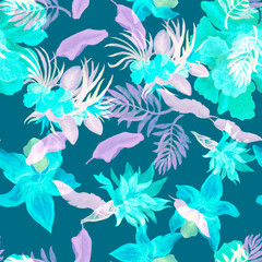 Fototapeta na wymiar Turquoise Watercolor Garden. Green Flower Plant. Coral Seamless Leaves. Pink Pattern Design.Tropical Decor.Isolated Background.Fashion Decor. Art Wallpaper.