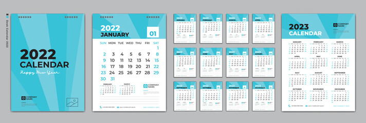 Set Desk calendar 2022 design, Calendar 2022 template and Set of 12 Months, Calendar 2023 design poster, January month layout, week start on Sunday, simple, planner, Wall calendar, blue polygon backgr