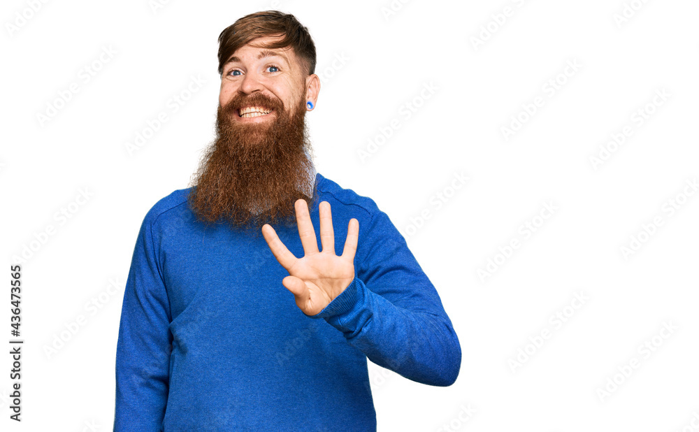 Canvas Prints Young irish redhead man wearing casual clothes showing and pointing up with fingers number four while smiling confident and happy.