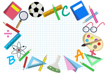 Welcome back to school background with student accessories on blue line graph paper with copy space for banner
