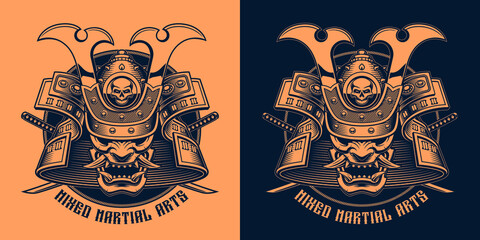 Black and white shirt design of a samurai mask with crossed katana swords