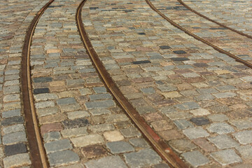 tram tracks on stone paving