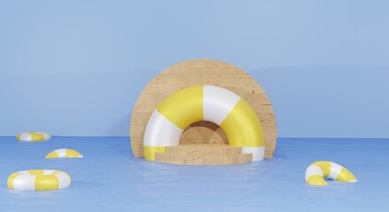 Fototapeta na wymiar 3D background renderings, wooden podium in the middle of water and balloons float for presentation products, summer vacation themes, for web pages, background images
