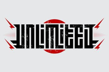 Unlimited. Label or t-shirt print with red lightnings. Original lettering with grunge effect.