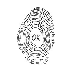A human fingerprint with the inscription "Ok" inside. Concept of coordinated access. Password on the phone.