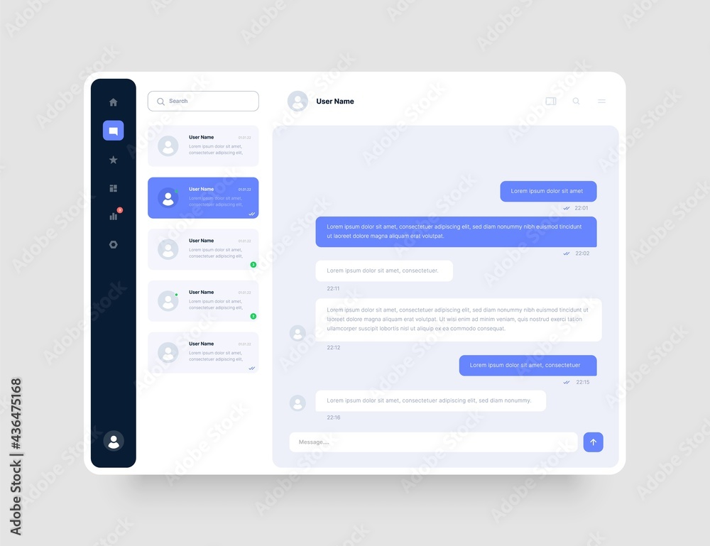 Poster dashboard design with chat, social media, online messenger kit. app interface with ui and ux element