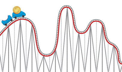 Vector illustration of cryptocurrency on a roller coaster. Instability and currency depreciation