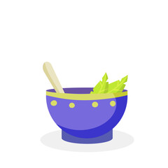 Green tea Cup. Blue earthenware. National ethnic Oriental drink. Flat cartoon illustration with leaves. Piala bowl