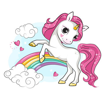 Little unicorn with pink mane.Rainbow and clouds.Beautiful picture for your design. 