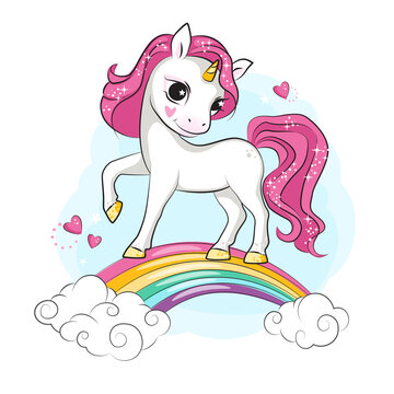 Little smiling unicorn greeting your. Rainbow and clouds.. Beautiful picture for your design.