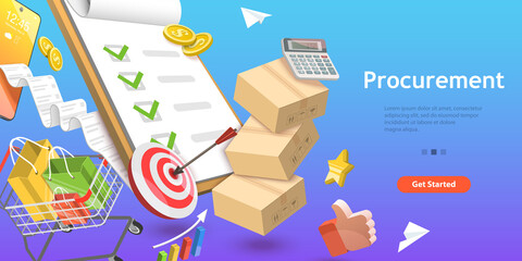 3D Isometric Flat Vector Conceptual Illustration of Procurement, Process of Finding and Agreeing to Terms, Purchasing Goods or Services - obrazy, fototapety, plakaty