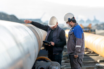 Technicians are testing to weld of pipe with ultrasonic test method. It is a family of non-destructive testing techniques based on the propagation of ultrasonic waves in the object or material tested.