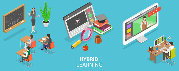 3D Isometric Flat Vector Conceptual Illustration of Hybrid or Blended Learning, Combining Online Education with Traditional Place-based Classroom Methods