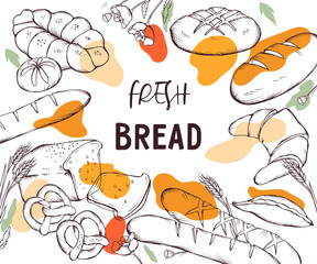 Banner or card backdrop with bread and bakery items, hand drawn engraving style vector illustration isolated on white background. Fresh bread, loaves and cakes with decorative colour stains.