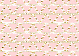 Triangle seamless pattern. Pink hand drawn triangles with gold contour for wedding card, mothers day, womans day. Feminine geometry background