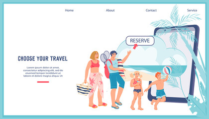 Online Booking tickets and hotels website banner template with family arranging vacation via mobile phone app. Traveling and vacation booking webpage, flat vector illustration.