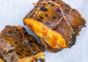 Hot smoked catfish.Delicious chunks of smoked catfish close-up.healthy food.