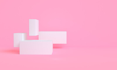 Minimal white geometry Abstract shape mock up with podium for product display on pink background, 3D Render