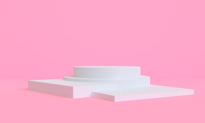 Minimal white geometry Abstract shape mock up with podium for product display on pink background, 3D Render
