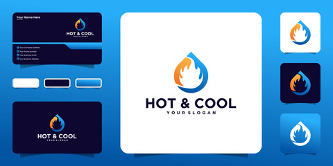 heating and cooling logo with the concept of water and fire design icon and business card