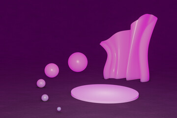 3d render. Background for presenting your product or packaging. Minimal design elements. White round podium, plinth or stage. Pink spheres and abstraction on a sangria background.3d illustration.