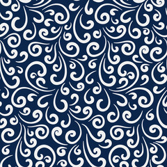 Abstract floral seamless pattern with white swirls, curly scrolls ornament on dark blue background 