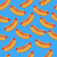Vector seamless pattern with hot dog. Cartoon Hot dog on blue background.