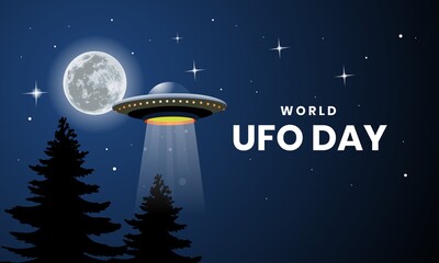 Vector illustration, UFO plane passing through pine forest, with night sky and full moon as background, as banner or poster for world UFO day. © Arif_Vector