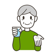 薬を飲む　シニア男性　錠剤