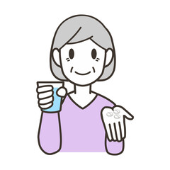 薬を飲む　シニア女性　錠剤