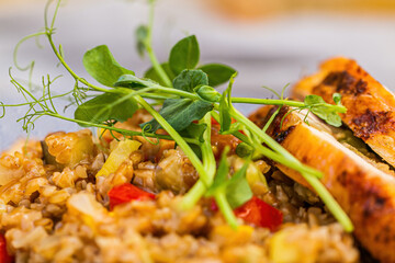 Grilled stuffed pork with bulgur and herbs. Close up