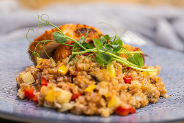 Grilled stuffed pork with bulgur and herbs. Close up