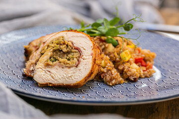Grilled stuffed pork with bulgur and herbs. Close up