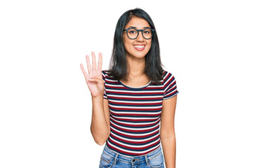 Beautiful asian young woman wearing casual clothes and glasses showing and pointing up with fingers number four while smiling confident and happy.