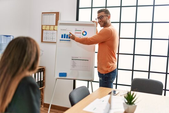 Two caucasian business executives on chart presentation at the office.