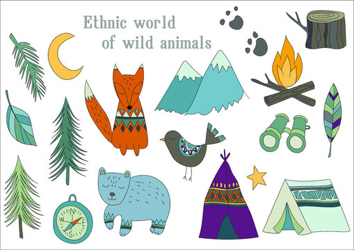 Ethnic World Of Wild Animals. Clipart For The Image Of Travel In Harsh Environment. Tourism With Tents