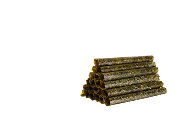 Crispy seaweed is arranged in a row on a white background. Clipping path.