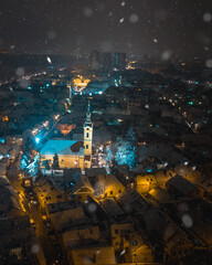 Gardos tower in Zemun, Serbia during a snowy and cold night