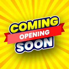 Coming soon opening banner on yellow striped background. Vector illustration.
