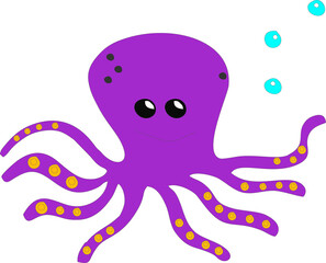 octopus with long tentacles, cartoon violet octopus with air bubbles and suction cups