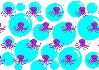 repeating pattern of violet octopuses on light blue water bubbles