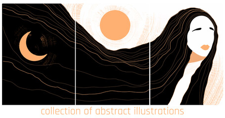 fantasy abstract illustration in black, gold and white colours with female stylized  portrait, landscape sun and moon