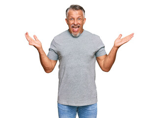 Fototapeta premium Middle age grey-haired man wearing casual clothes celebrating victory with happy smile and winner expression with raised hands